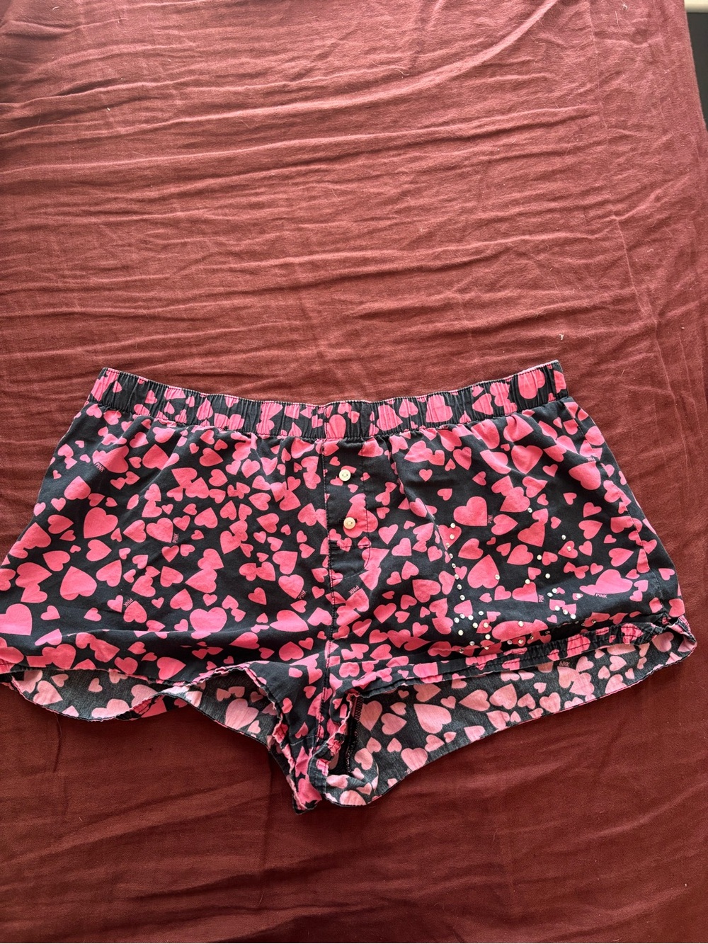 PINK Victoria's Secret Black Boxer Shorts with Pink Heart Print